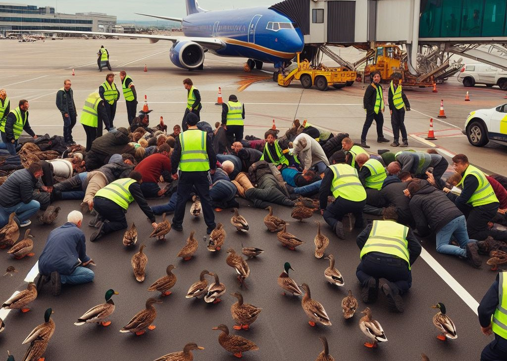 Flughafen Entenbrück muss schließen, weil sich eine Entenfamilie breitmacht - Flugverkehr im Stau