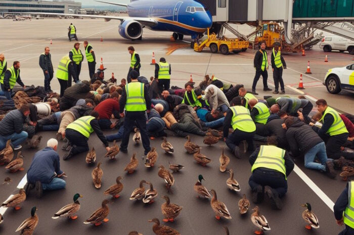 Flughafen Entenbrück muss schließen, weil sich eine Entenfamilie breitmacht – Flugverkehr im Stau